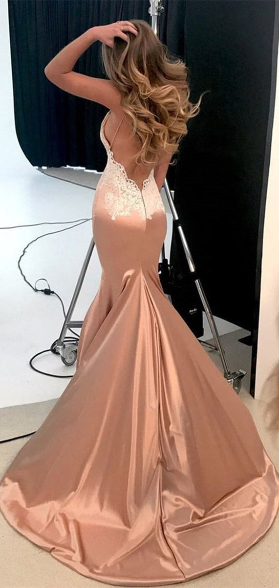 Blush Pink Lace Mermaid Backless Prom ...